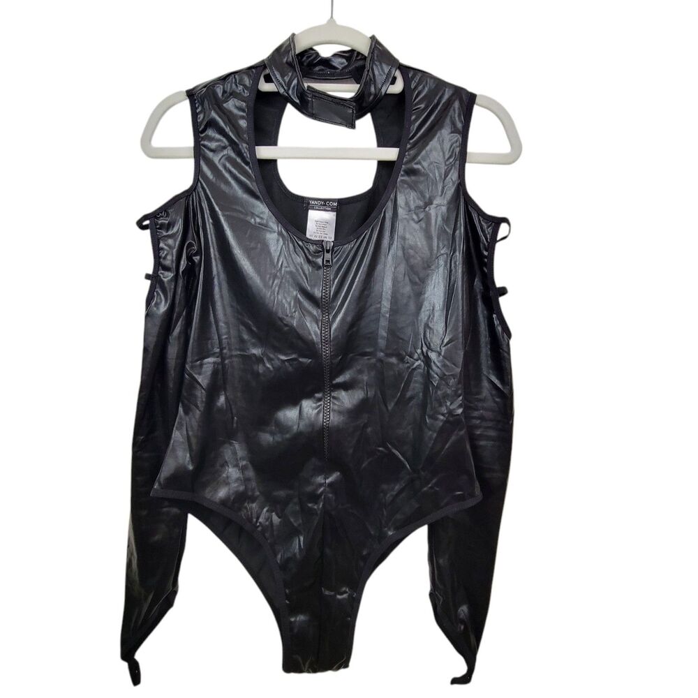 Yandy Black Shiny Zipper Body Suit Cold Shoulder Finger Loop Size M